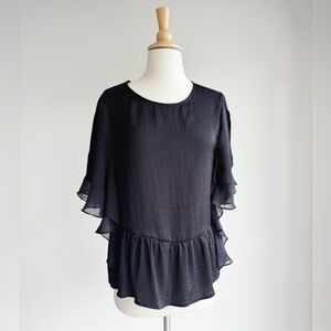 WHO WHAT WEAR Black Silky Ruffle Blouse Women's Small